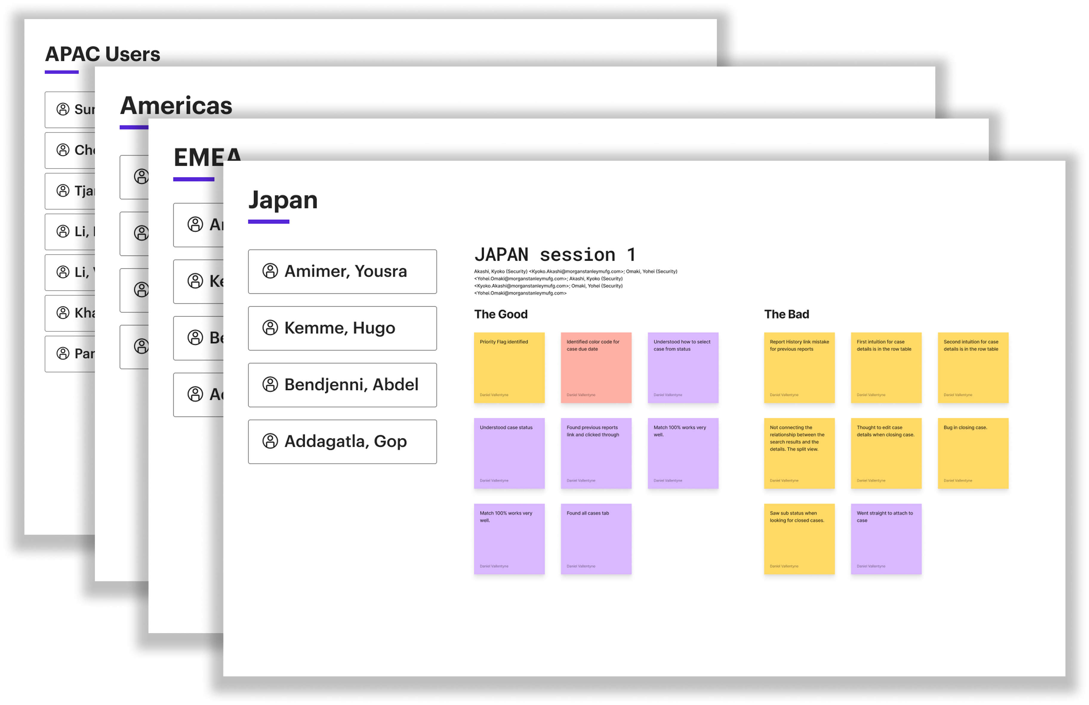 We were blocked by this complex group of users for an application at Morgan Stanley, as the users of this application spanned several global regions, with a wide range of needs and unique processes tied to local legal requirements. This workshopping session I led ultimately helped us overcome this block and find a set of designs that covered all of the regions.