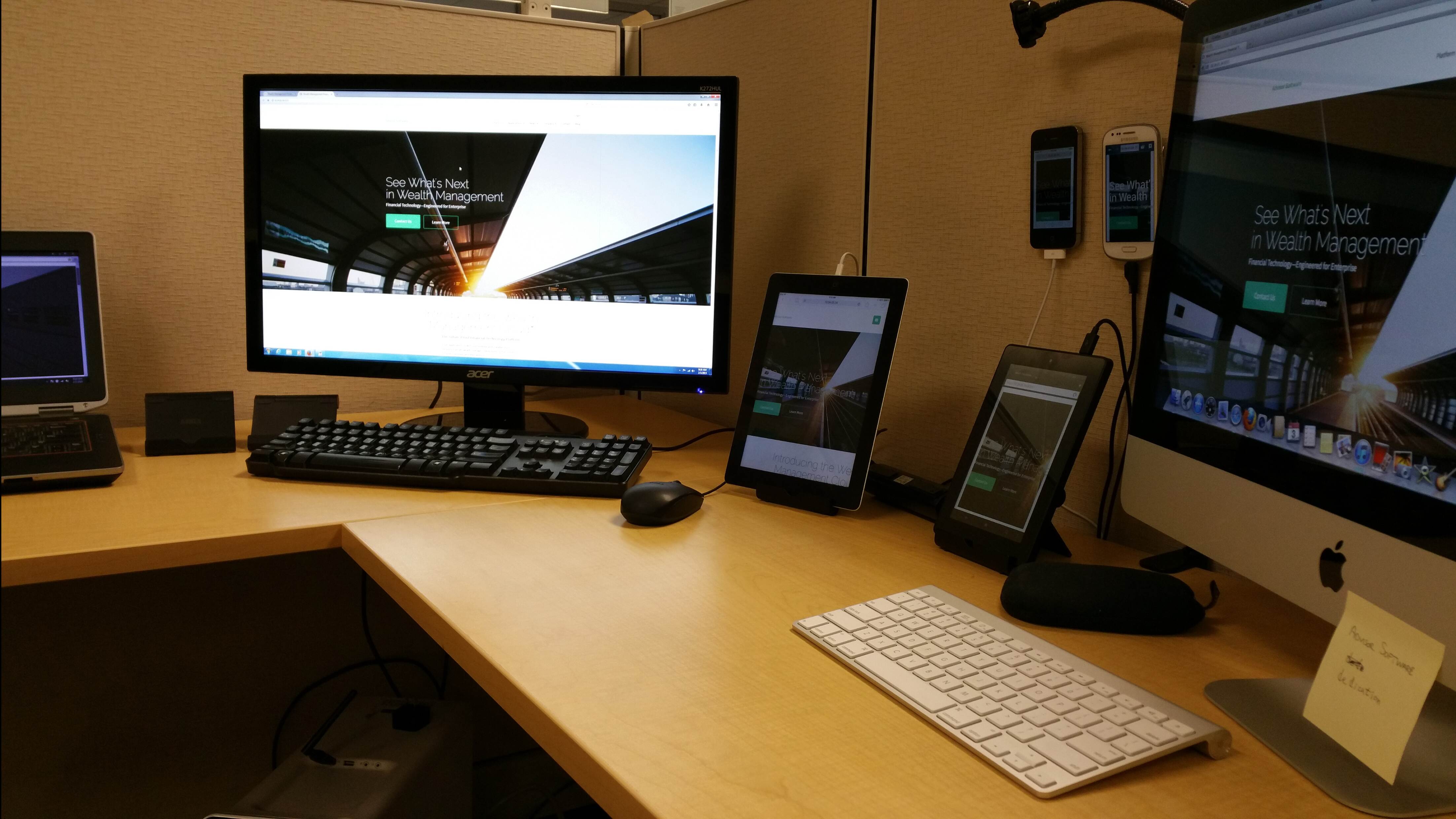 The first device library I ever setup, for cross device testing. We had browser scripts running to keep these devices always showing the latest dev build reducing effort in testing the design library and white label system during theme development.