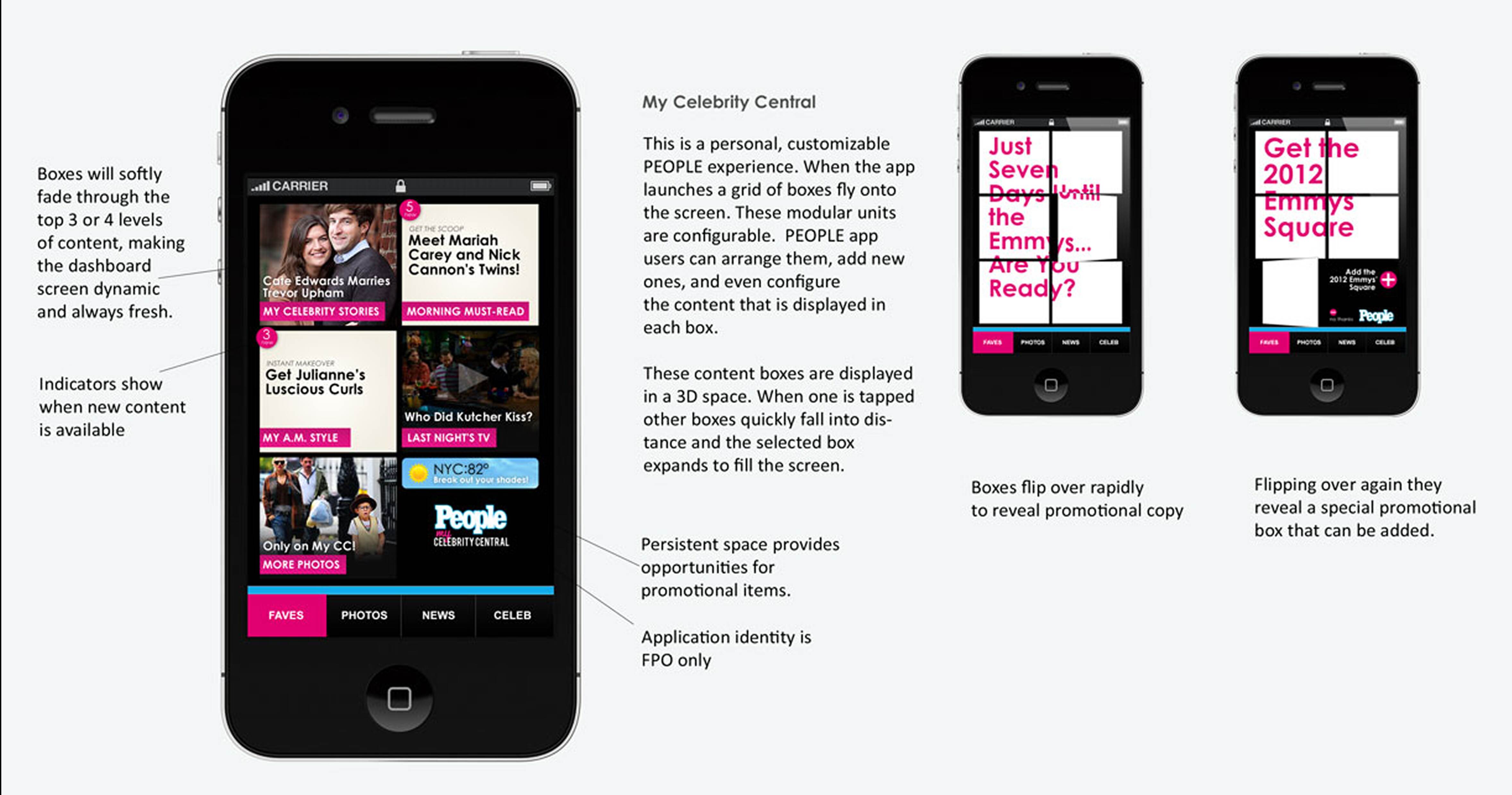 This still from a People Magazine app shows proposed interactions and opportunities for promotion. This slide was part of a larger deck that helped the People team investigate the direction for their mobile offerings.