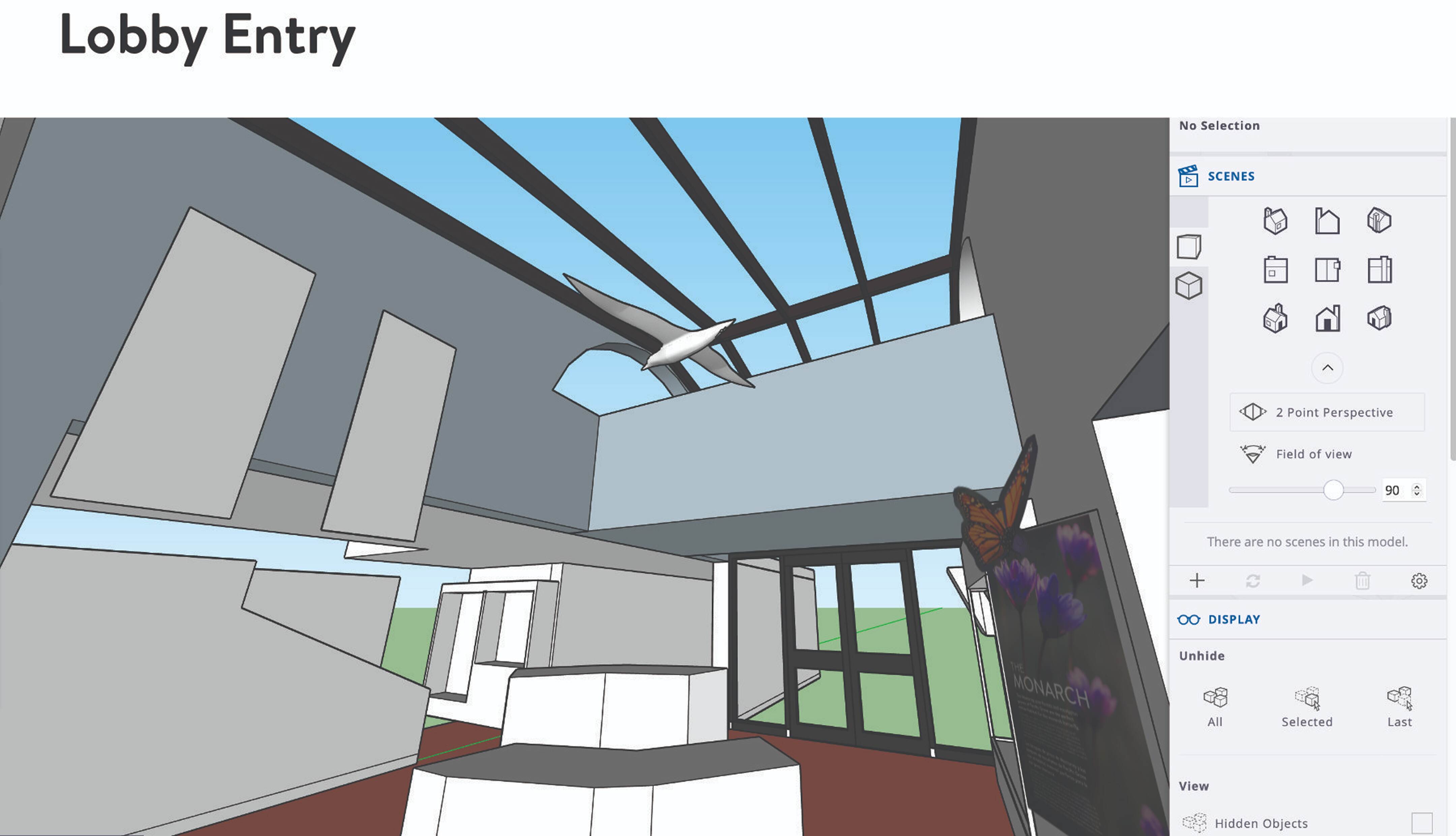 Quick 3d sketch of the complicated museum entry way to help visualize the design constraints and the design in space.